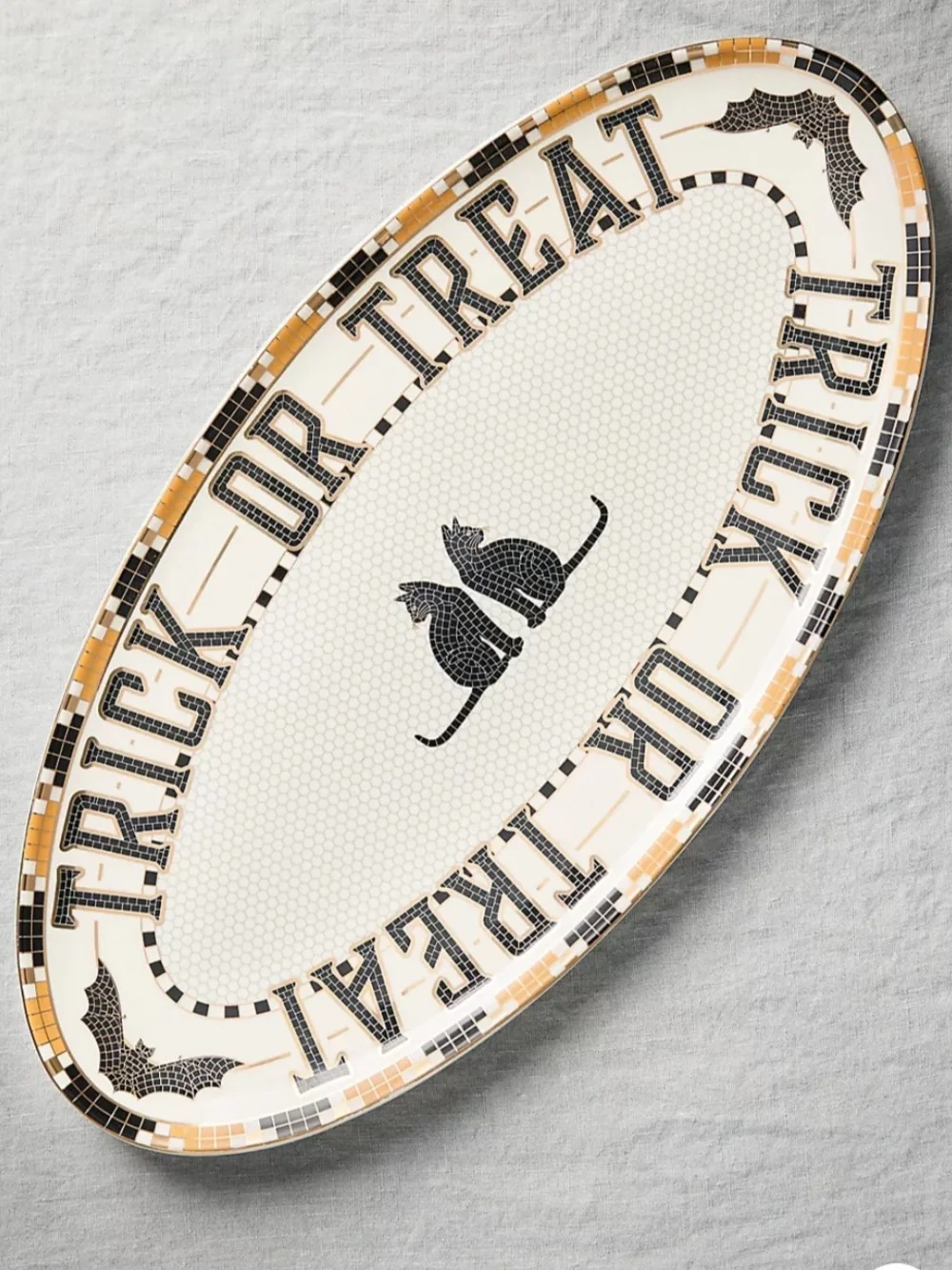 Anthropologie Bistro Tile Halloween ceramic‎ Serving Platter with 24kGold